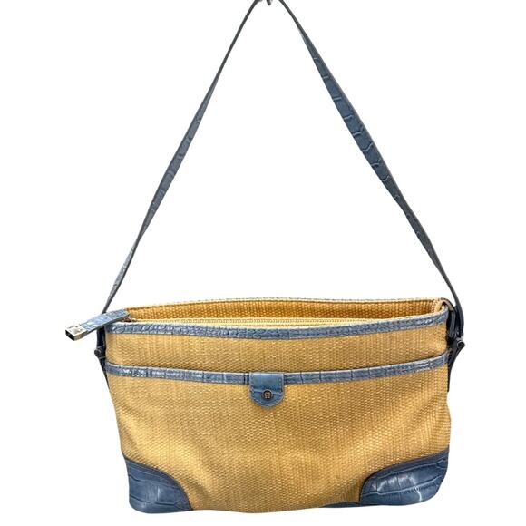 Etienne Aigner Vintage Summer Straw Basket Weave Blue Croc Trim Purse - Picture 2 of 11